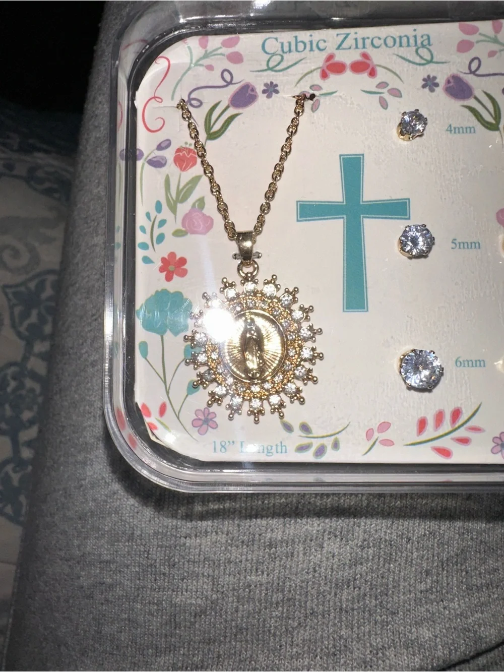 Sunburst Praying Hands Pendant Necklace & CZ Stud Set — Gold Tone, 18